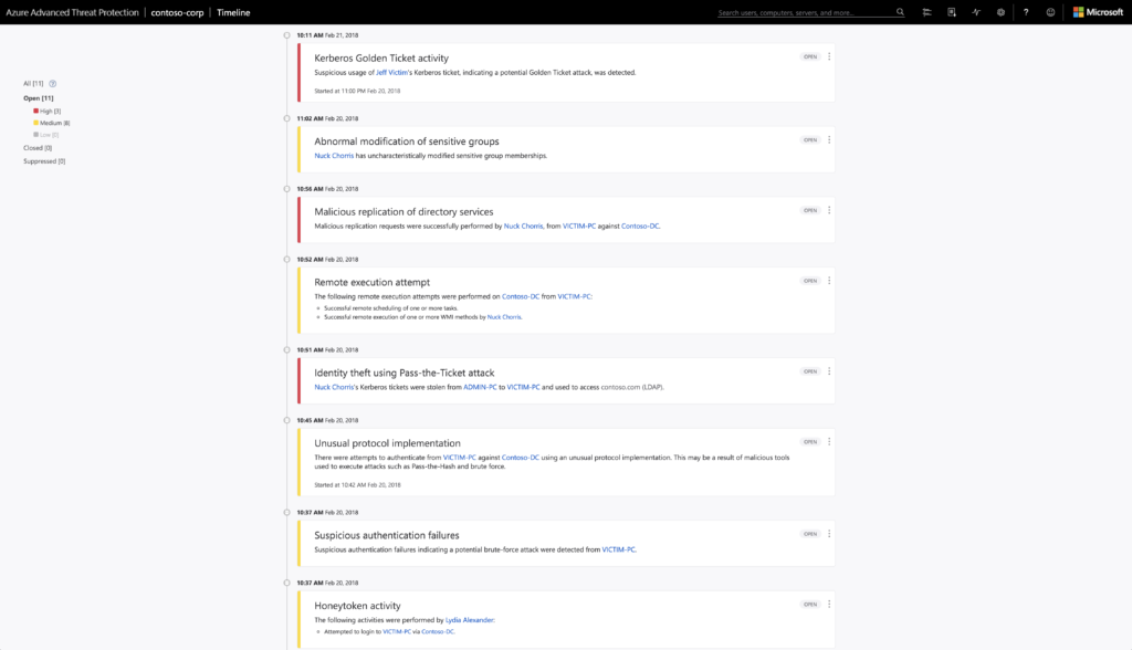 Figure 2. Signal sharing and event timeline shared between WDATP and Azure ATP