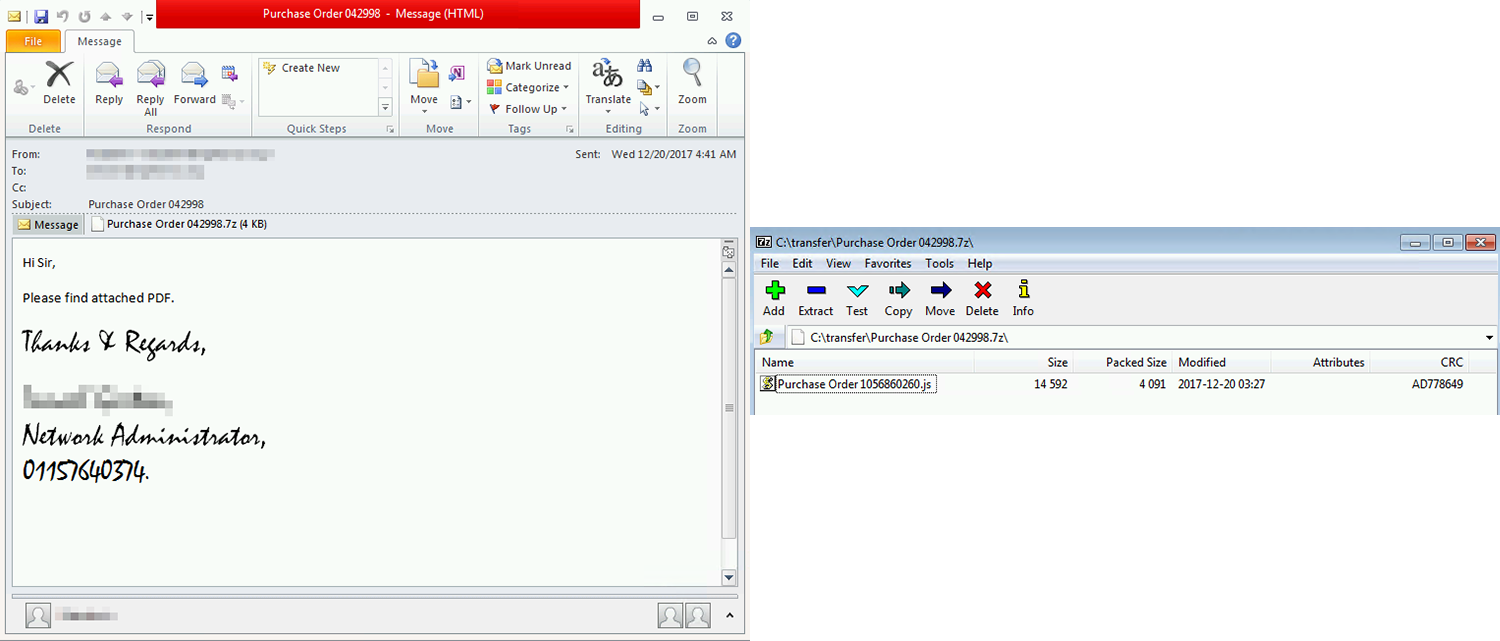 Figure 3. Typical social engineering email campaign with an archive attachment containing a malicious script