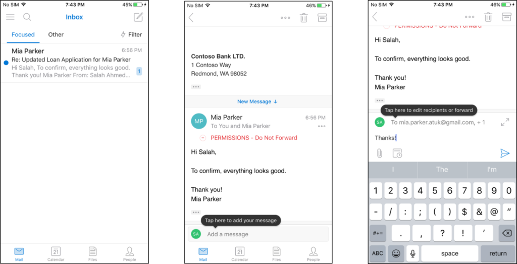 Figure 4. Office 365 Message Encryption experience in the Outlook mobile.