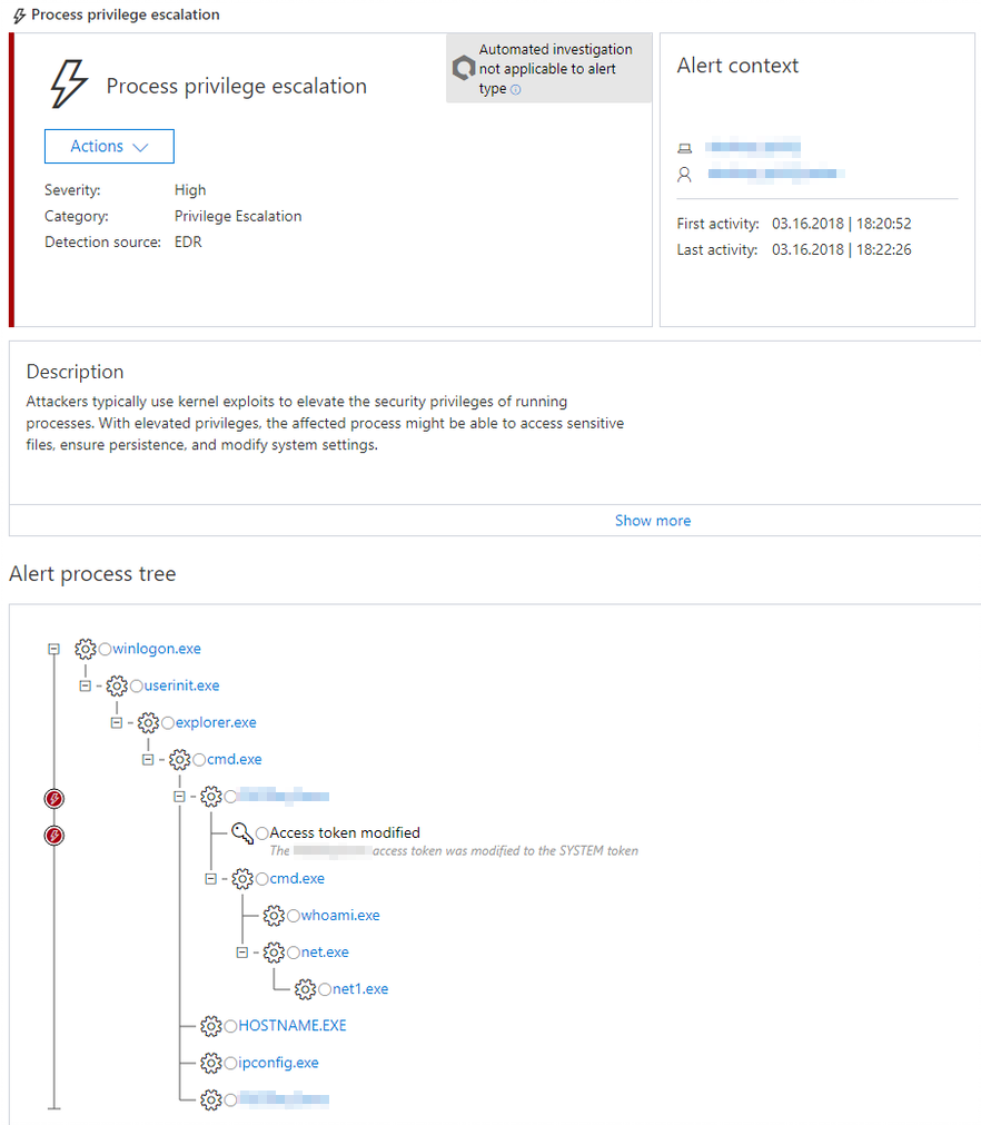 Figure 13. Sample Windows Defender ATP alert for process token modification 