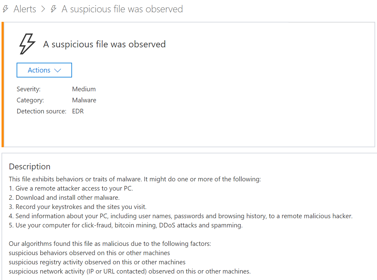 Windows Defender ATP alert for Hawkeye’s payload.