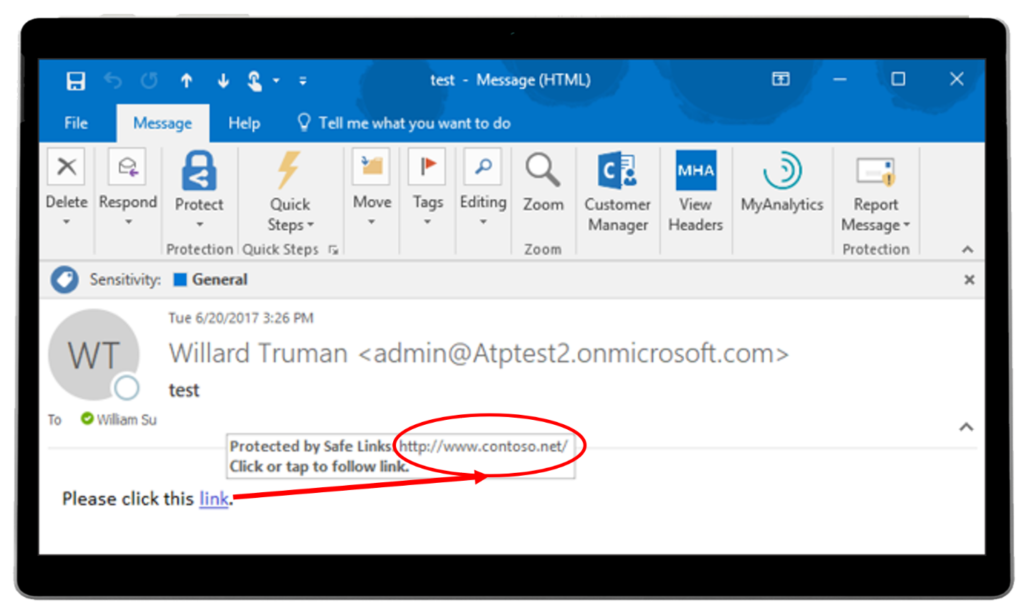 Figure 5: Native Link Rendering user experience in Office 365 ATP user