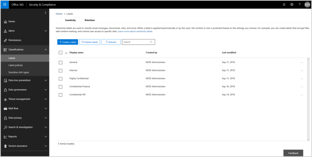 Figure 3: Configure data sensitivity labels and protection policies across Azure Information Protection and Office 365 in one location