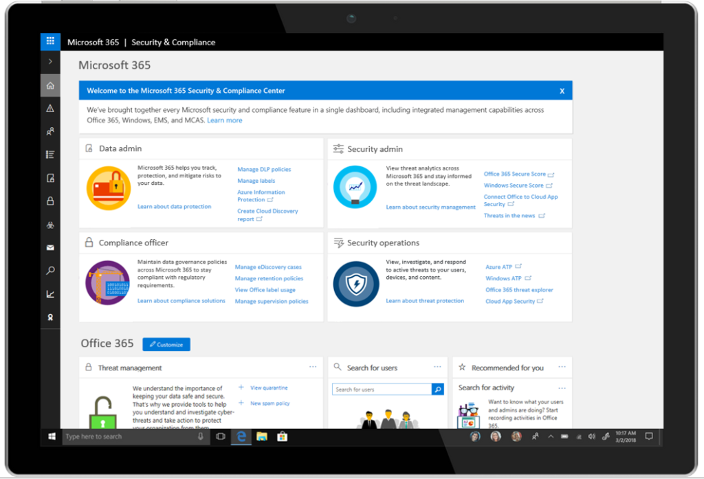 Figure 1: The Microsoft 365 Security & Compliance Center Dashboard.