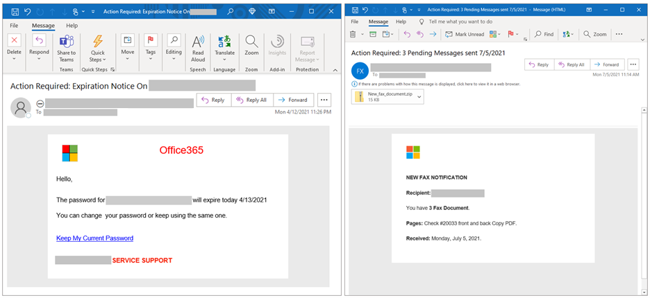 Sample emails that use HTML code to embed a table designed to mimic the Microsoft logo