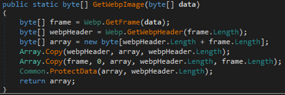 Screenshot of code for GetWebpImage() method masquerading the output of the C2