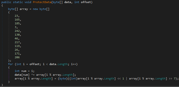 Screenshot of code for ProtectData() using a dynamic XOR key and a custom XOR methodology to XOR encode the compressed data