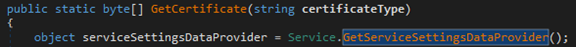 Screenshot of code for invoking the GetServiceSettingsDataProvider() method
