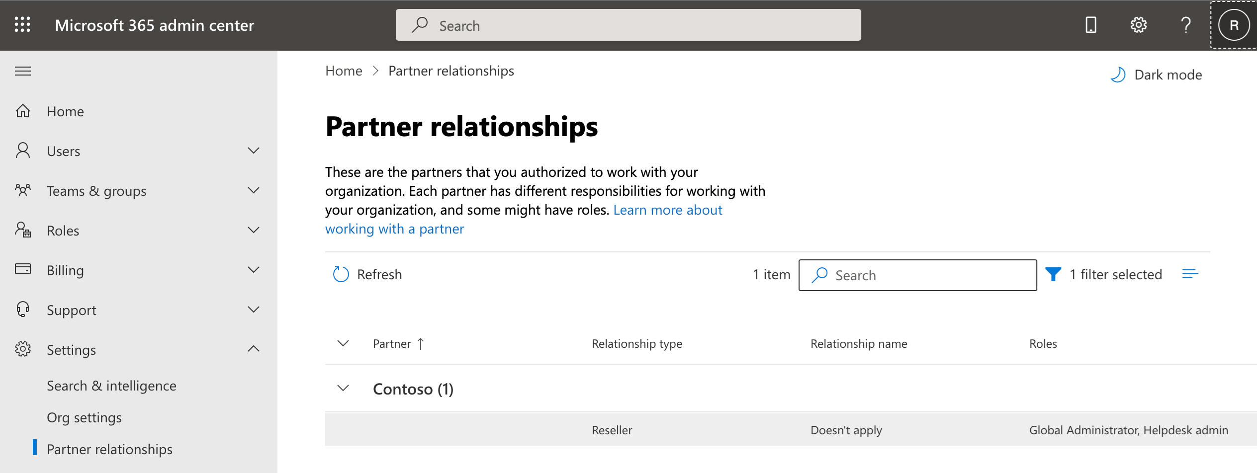 Partner relationships page in the Microsoft 365 admin center.