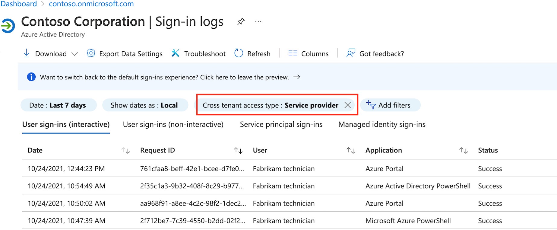 Sign-on logs sorted by service provider in Azure Active Directory