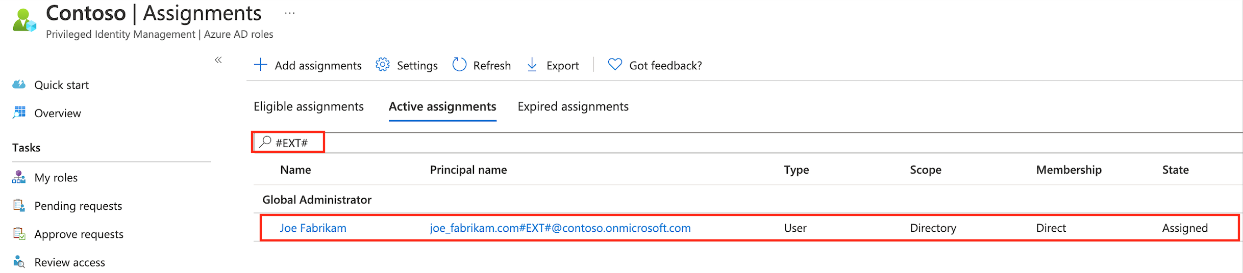 The name Joe Fabrikam is selected as a guest user listed under all active assignments in the Azure A D Privileged Identity Management blade.