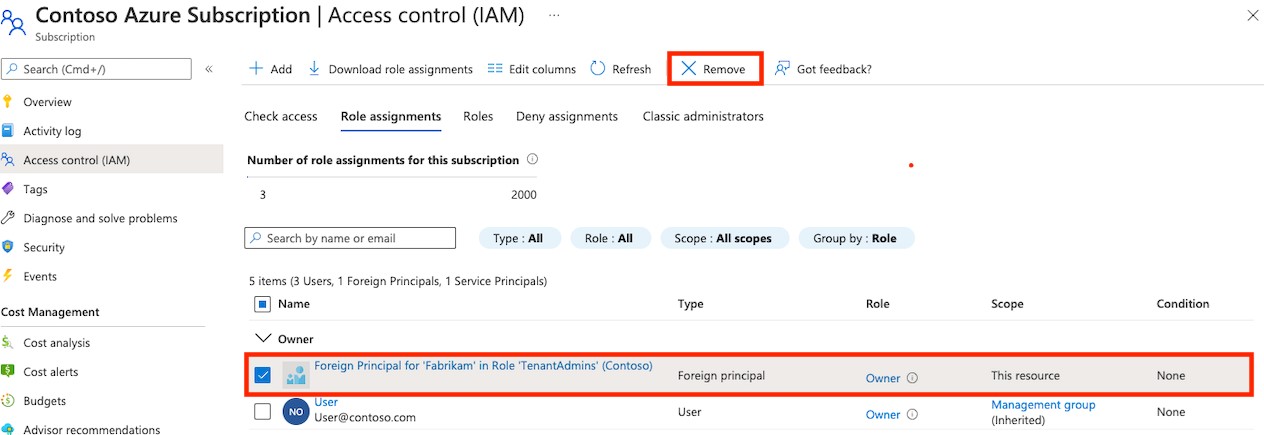 Foreign principal selected with a Remove button to remove Azure A O B O permissions in the Access control section in an Azure subscription.