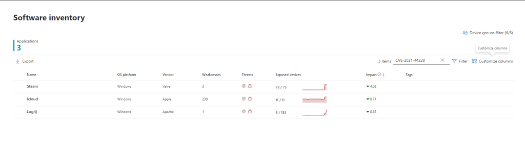 Screenshot of software inventory in Microsoft Defender for Endpoint