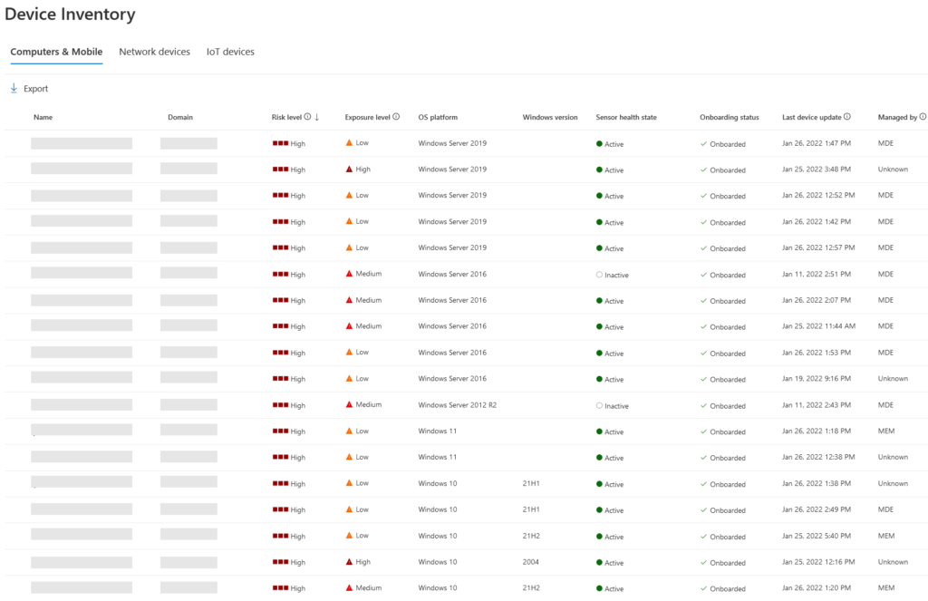 Screenshot of Microsoft Defender for Endpoint device discovery page