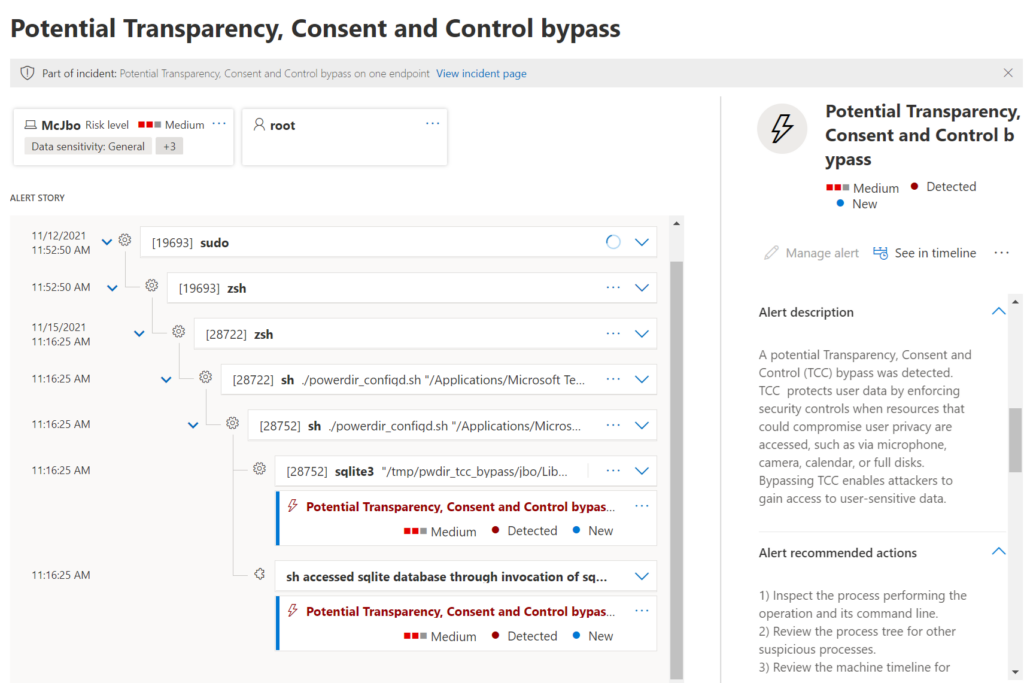 Screenshot of Microsoft Defender for Endpoint alert for potential TCC bypass