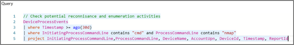 A simple query used within Advanced Threat Hunting to identify hosts which have executed n map from c m d within the last 30 days.