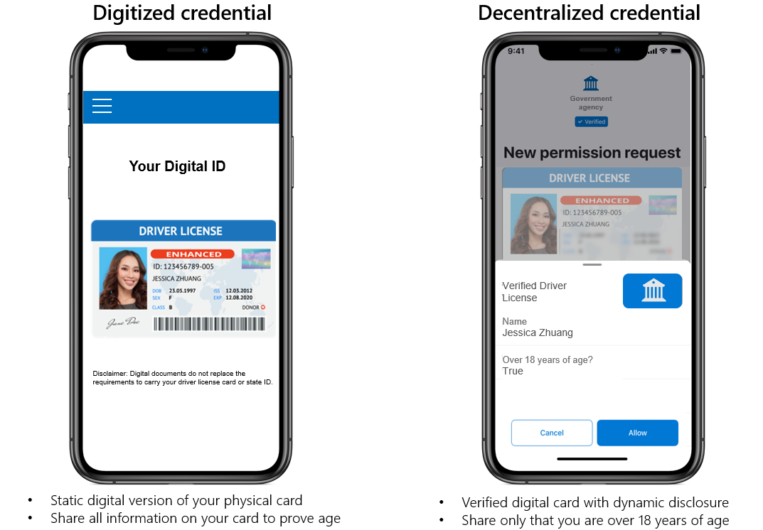 Two phones displaying a woman's driver license. First image shares all information on the card. Second image only shares the name and age.