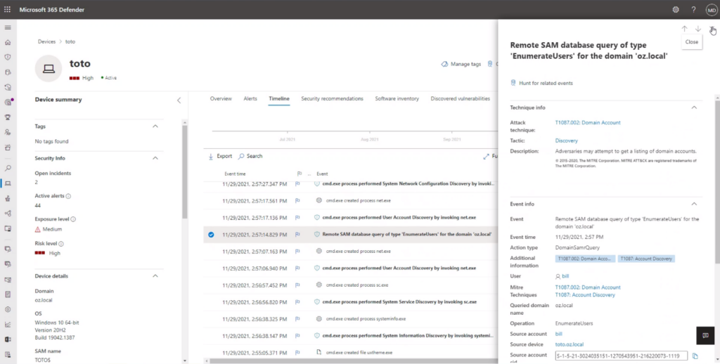 Screenshot of Microsoft 365 Defender detecting a suspicious remote SAM database query.