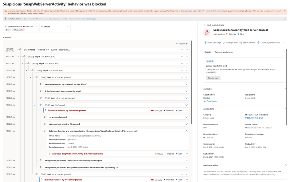 Screenshot of Microsoft 365 Defender for Endpoint blocking a suspicious behavior by a web server process.