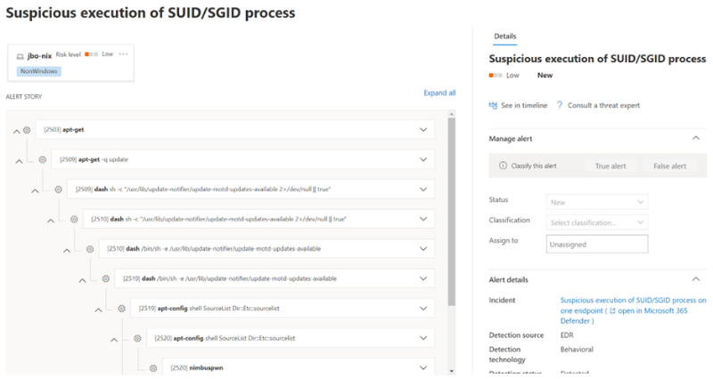 Figure 7 displays Microsoft Defender for Endpoint detecting a suspicious SUID process used in our exploit - including the alert story and details of the detected activity.