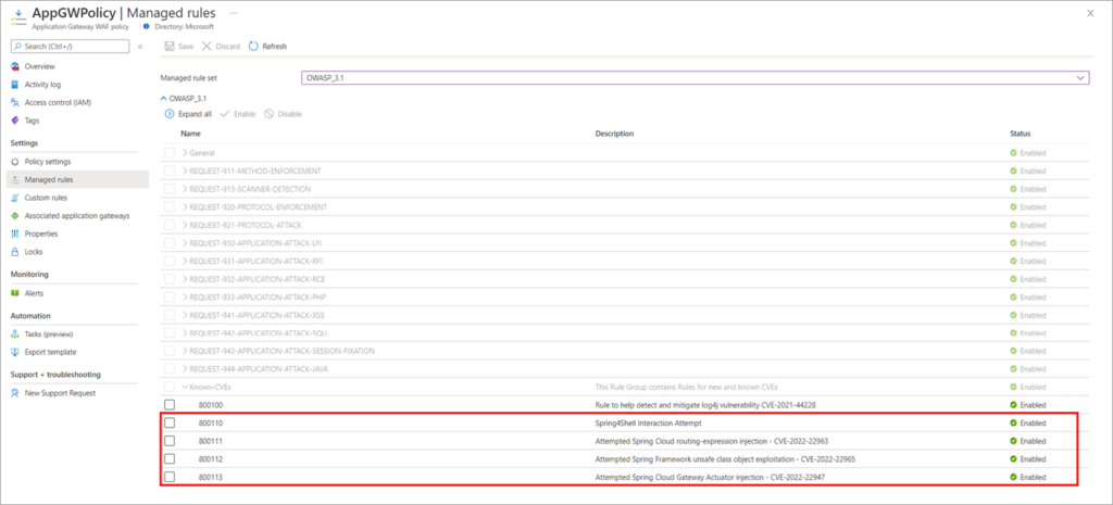 Screenshot of Spring vulnerability rules for Azure Application Gateway OWASP Core Rule Set (CRS) 
