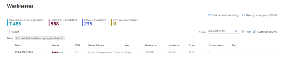 Screenshot of the Weaknesses page where one can search for CVE-2022-22965 to find vulnerable devices.
