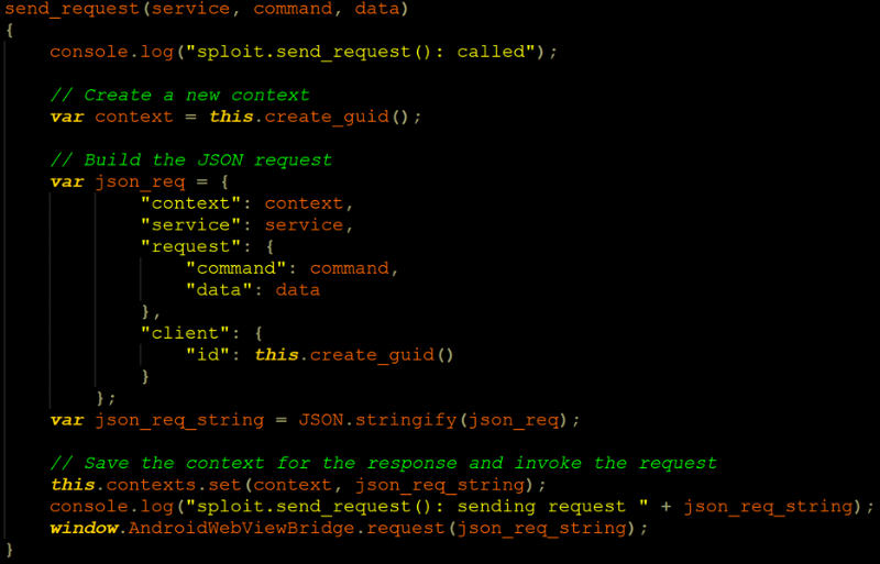 Injecting a similar JavaScript code to the WebView could allow an attacker to call arbitrary services and methods