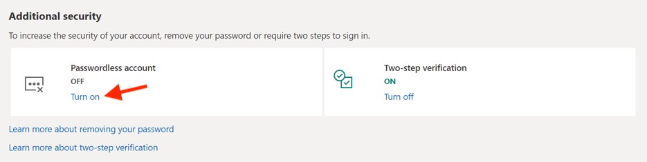 User interface of Microsoft Authenticator app providing instructions on how to turn on passwordless account option.