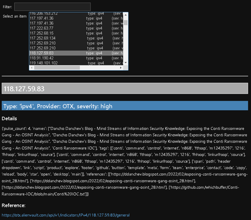 A screenshot of the browser provided by MSTICPy that can be used to explore IOCs extracted from the Conti chat logs. The browser shows threat intelligence details related to a selected IP address.