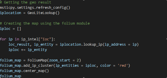 A screenshot of Python code that looks up the geolocation of IP addresses. It also presents code that creates a map using the generated geolocation data. 