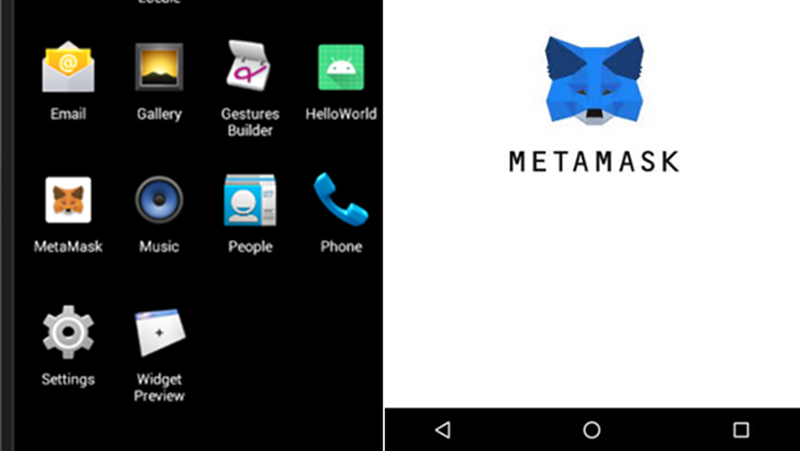 Screenshots of a smartphone's home screen with icons and the loading page of the fake wallet app.
