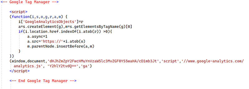 Web skimming script that is encoded within a mimicked Google Analytics code.