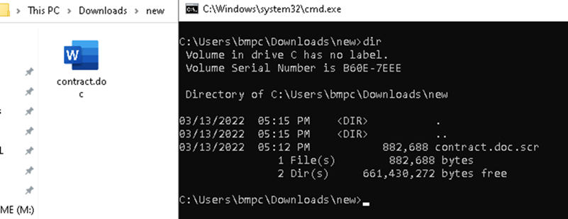 Partial screenshot of Windows Explorer showing a document file "contract.doc". The Command Prompt screenshot beside the first one shows the file actually has a hidden .scr extension.
