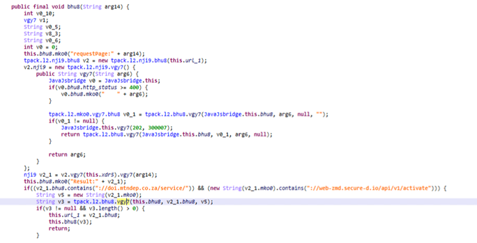 A screenshot of malware code where the handler invokes the v1.bhu8 function. The said function checks if a service related to anti-fraud protection is running on the device. 