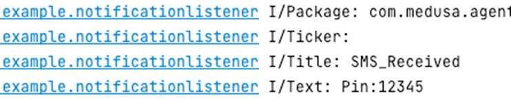 A screenshot of the malware's logcat. The logcat output shows that it is able to capture contents of a notification received by the device. 