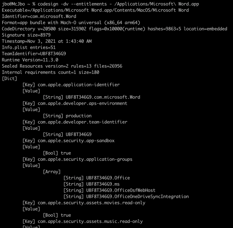 Partial screenshot of a command line interface showing different keys and values related to the App Sandbox rules for Microsoft Word in macOS.