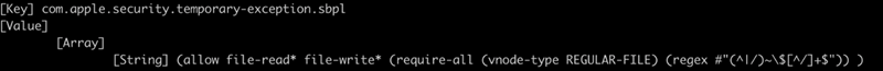Partial screenshot of a command line interface showing the read/write App Sandbox rule for Microsoft Word in macOS.