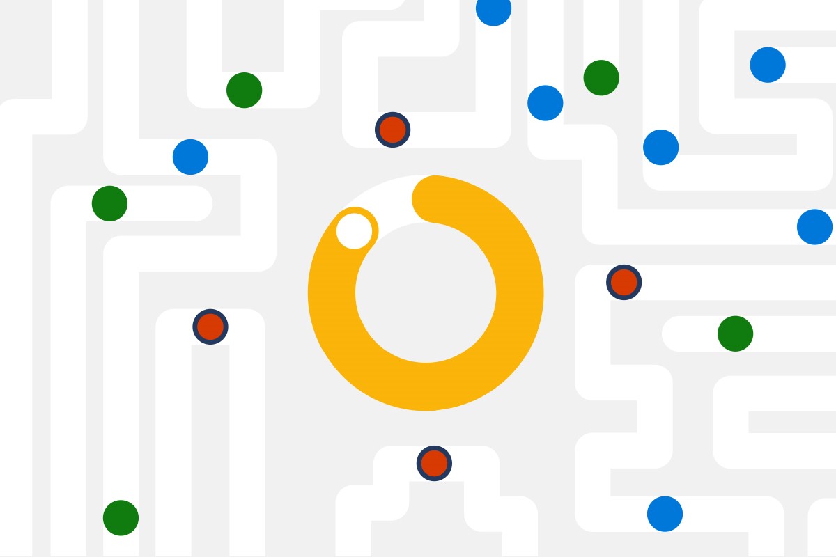 A maze with multiple dots of different colors surrounding a large circle.