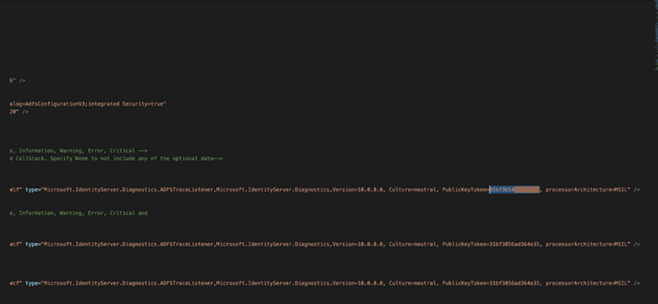 Screenshot of a section of a configuration file with the PublicKeyToken partially redacted.