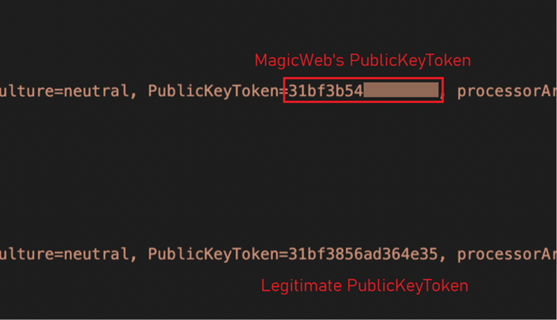 Partial screenshot of a configuration file showing MagicWeb's malicious PublicKeyToken (partially redacted) and a legitimate one.