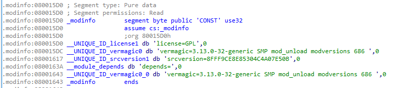 Command section screenshot where vermagic string in the rootkit is seen.