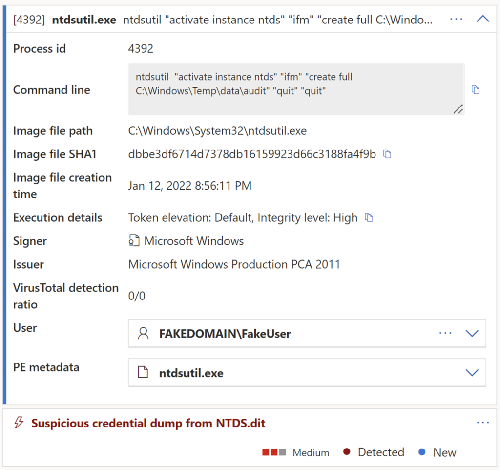 Sample screenshot of an alert in Defender for Endpoint.