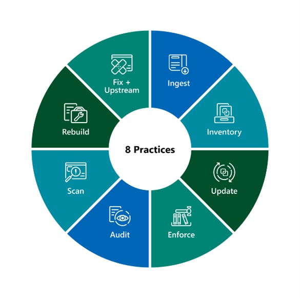 Sunburst chart conveying the eight areas of practice requirements to address the threats and reduce risk: ingest, inventory, update, enforce, audit, scan, rebuild, and fix and upstream. 