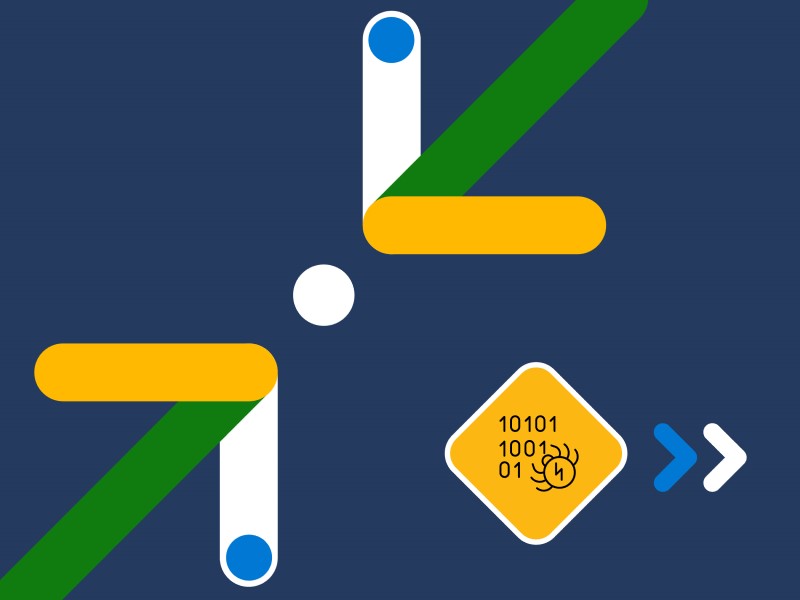 Multicolor arrows pointing towards a center dot, with a yellow diamond filled with 1&rsquo;s and 0&rsquo;s and a bug crawling towards it to suggest malware.