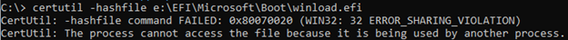 Screenshot of Certutil utility showing Error Sharing Violation message